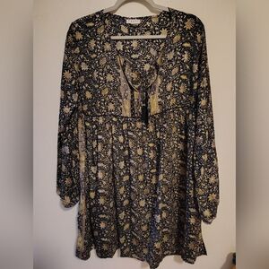 Anthropologie Paani Black Floral Flowy Babydoll Boho Western Tunic Dress Medium